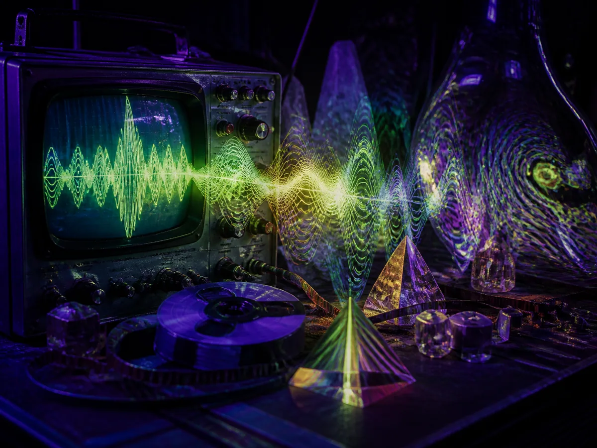 A psychedelic analog signal flowing from a vintage oscilloscope