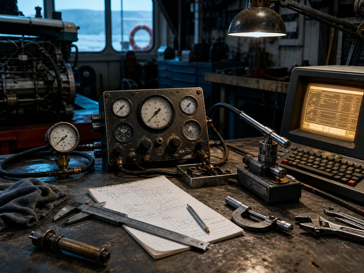 Vintage marine diagnostics instruments on a workshop bench