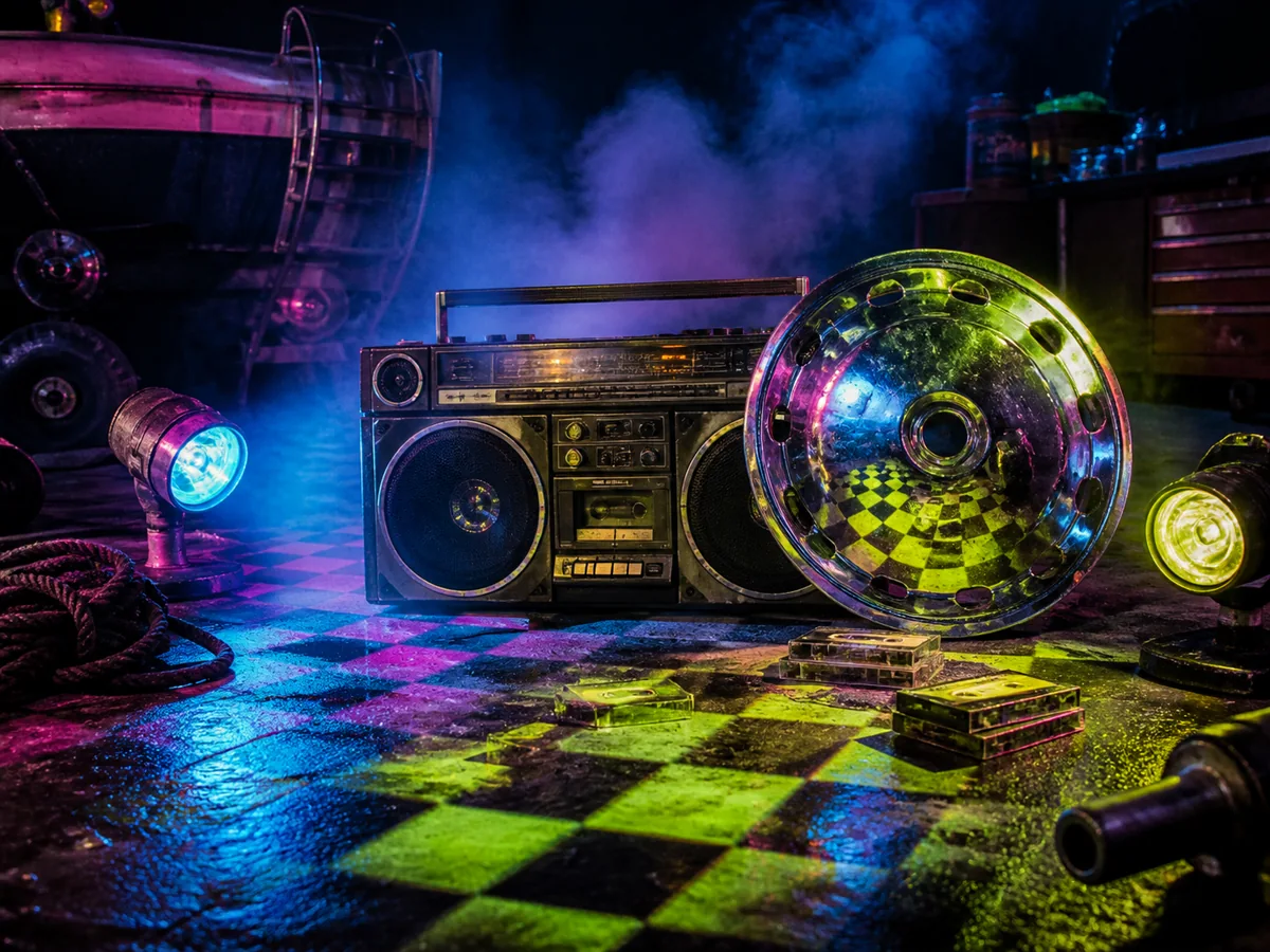 A vintage boombox and chrome hubcap on a colorful garage dance floor